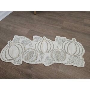 Beaded Pumpkin Table Runner Cream Silver White Autumn Harvest Fall Decor 35x13